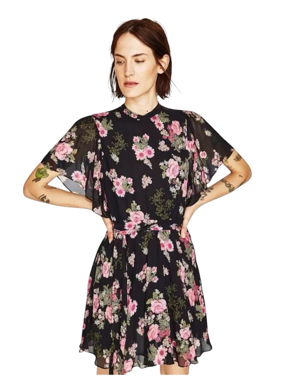 Zara Black Floral Flutter Sleeve Mini Dress, size XL
